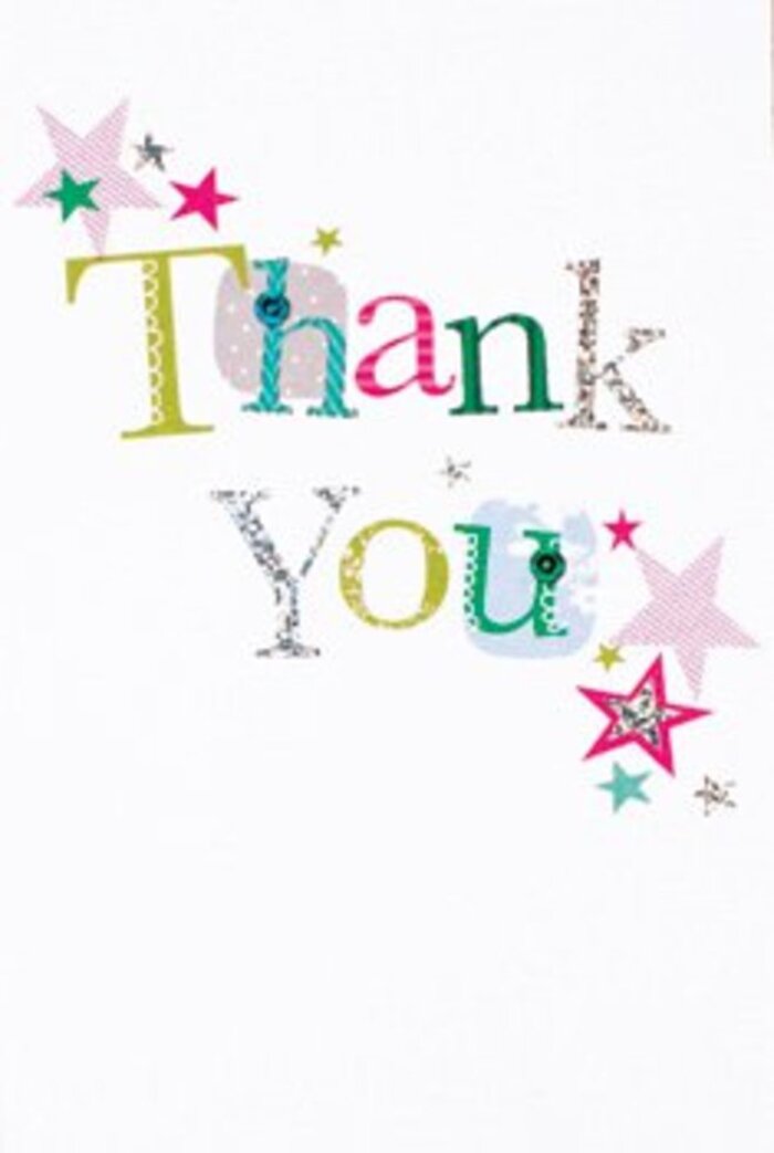 The thank you card captures the quietly exuberant mood of a West Byfleet morning, where sunlight and friendliness fill the air. Each letter in the phrase radiates its own subtle energy: some adorned with cheerful polka dots and playful curves, others more graceful with elegant strokes and shimmering hints of silver. These lively letters drift on an immaculate white background, offering a sense of space similar to the calm you'd find while wandering alongside the Basingstoke Canal. Nearby, festive clusters of stars-pink-striped or dipped in turquoise and silver-hover as if bestowing blessings of appreciation on the message. The card's composition is airy and modern, sprinkled with sparkling accents for understated sophistication-never too formal, never too casual. This gentle celebration of thanks reflects the universal spirit of West Byfleet's close-knit community. Paired with a fresh bouquet arranged by local hands, this card makes gratitude as uplifting as a walk through West Byfleet's village centre and as memorable as a cherished friend's heartfelt smile.